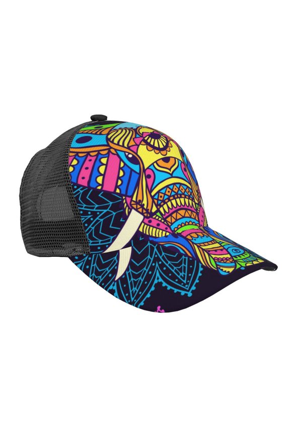 Baseball Cap Mesh Snapback 3D Adjustable Hip Hop Trucker Hats, Boho Elephant Floral Psychedelic