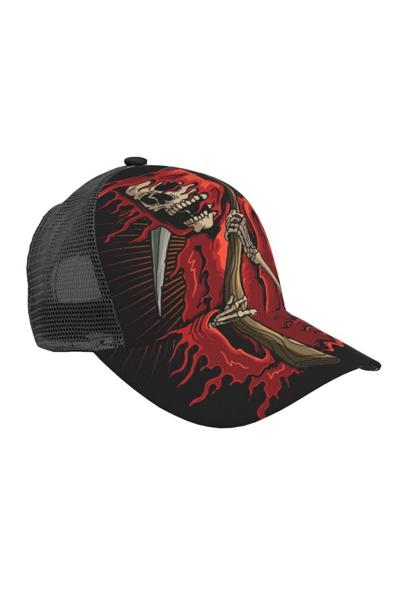 Baseball Cap Mesh Snapback 3D Adjustable Hip Hop Trucker Hats, Grim Reaper With Scyth