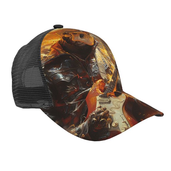 Baseball Cap Mesh Snapback 3D Adjustable Hip Hop Trucker Hats, Heavy Metal Rock Music Fire Skull Flame