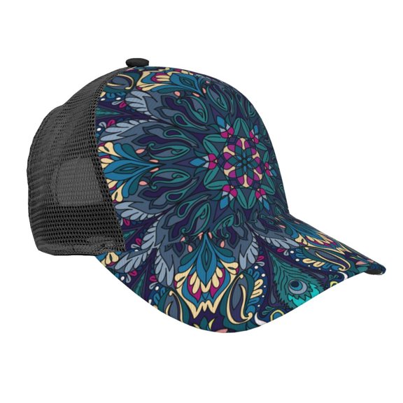 Baseball Cap Mesh Snapback 3D Adjustable Hip Hop Trucker Hats, Peacock Feather Indian Tribal