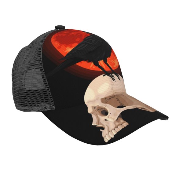 Baseball Cap Mesh Snapback 3D Adjustable Hip Hop Trucker Hats, Raven Skull Red Moon