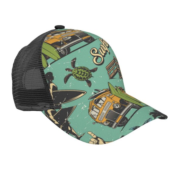 Baseball Cap Mesh Snapback 3D Adjustable Hip Hop Trucker Hats, Surfing Vintage Shark Hawaii Turtle Tiki