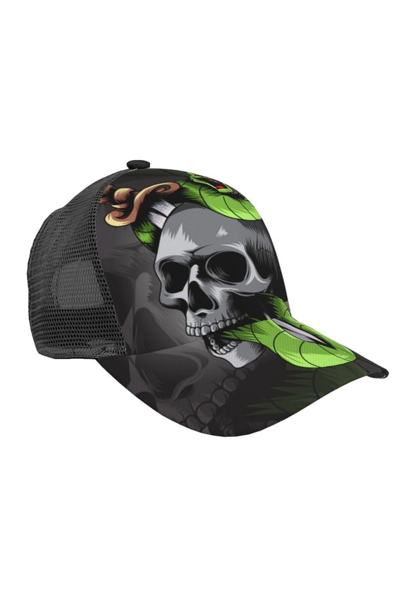 Baseball Cap Mesh Snapback 3D Adjustable Hip Hop Trucker Hats, Sword Pierced Skull With Snake