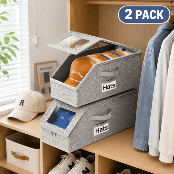 Baseball Cap Organizer, Hat Box, Baseball Hat Storage, Hat Storage Bin, 2 Pack Stackable Cap Storage Boxes with Clear Window, Foldable Sturdy Closet Organizer Container for Baseball Caps