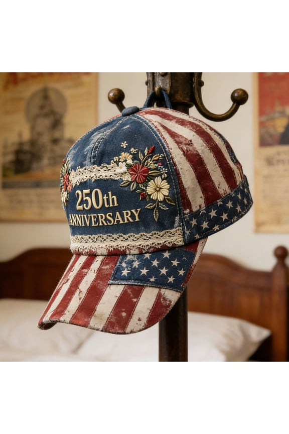 Baseball Cap, Patriotic USA Flag Floral Embroidered 250th Anniversary Adjustable Trucker Hat for 4th of July & Outdoor Activities, 22 Inch