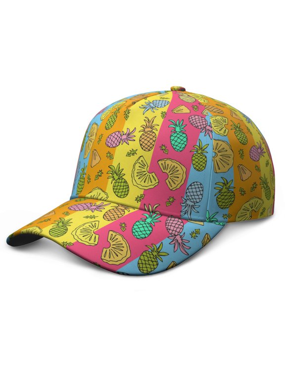 Baseball Cap Pineapple Hawaiian Tropical Fruit Summer Adjustable – Dad Hat with Yellow Golden Exotic Pattern and Print