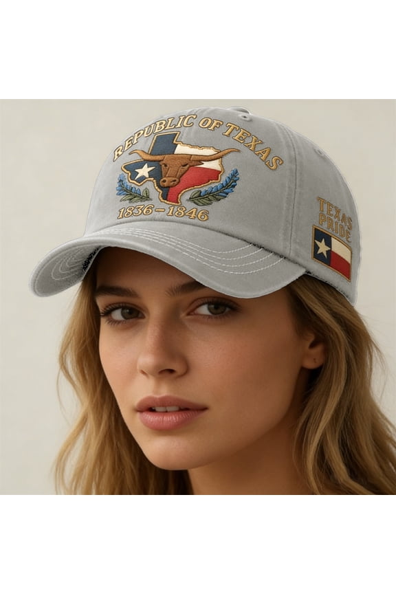 Baseball Cap with Republic of Texas Embroidery, Texas Pride Design Soft Top Flat Brim Cap, Embroidered Casual Hat for Men and Women, Outdoor Daily Wear for Texas Fans Gray