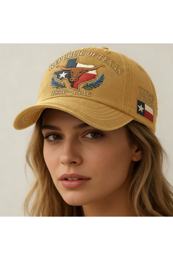 Baseball Cap with Republic of Texas Embroidery, Texas Pride Design Soft Top Flat Brim Cap, Embroidered Casual Hat for Men and Women, Outdoor Daily Wear for Texas Fans Khaki
