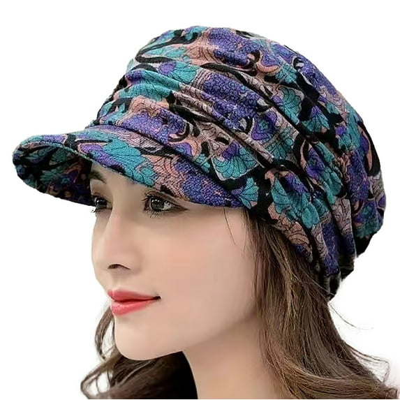 Baseball Cap Short Brim Warm Foldable Earflap Women Cap Ethnic Style Floral Print Autumn Winter Hat Daily Clothing Hat Clearance
