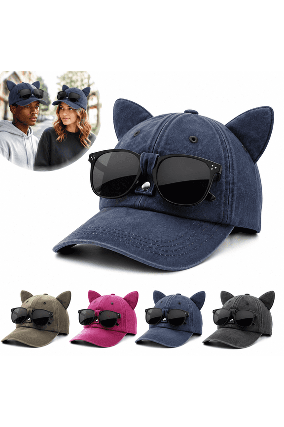 Baseball Cap Trucker Hat with Detachable Sunglasses, Vintage Washed Cotton Cat Ear Hat, Adjustable Pilot Style Summer Cap