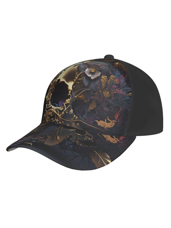 Baseball Cap Unisex Adjustable Fashion Hat Snapback , Skull Floral Gold Death
