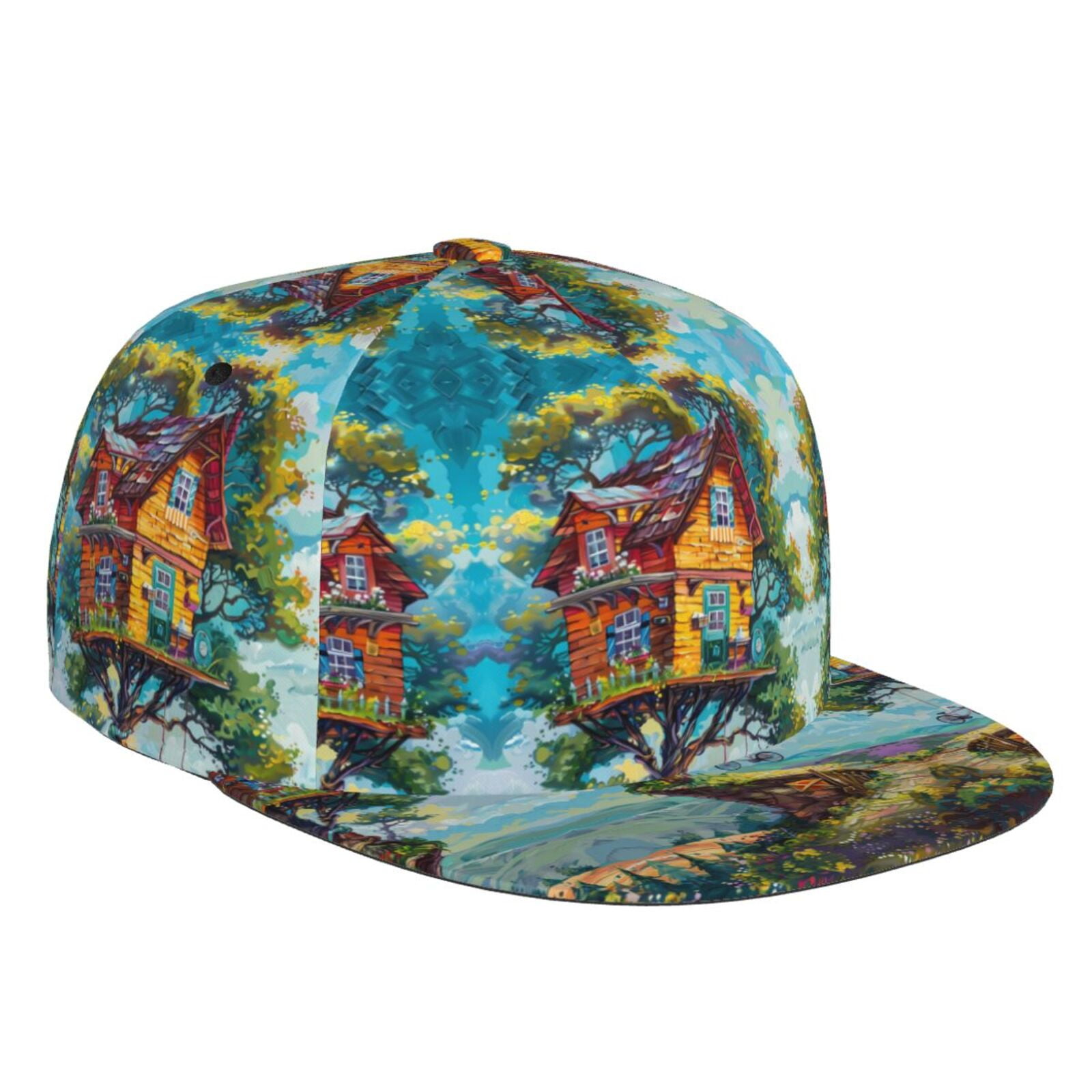 Baseball Cap Whimsical Treehouse Painting Flat Brim Hats for Men and ...