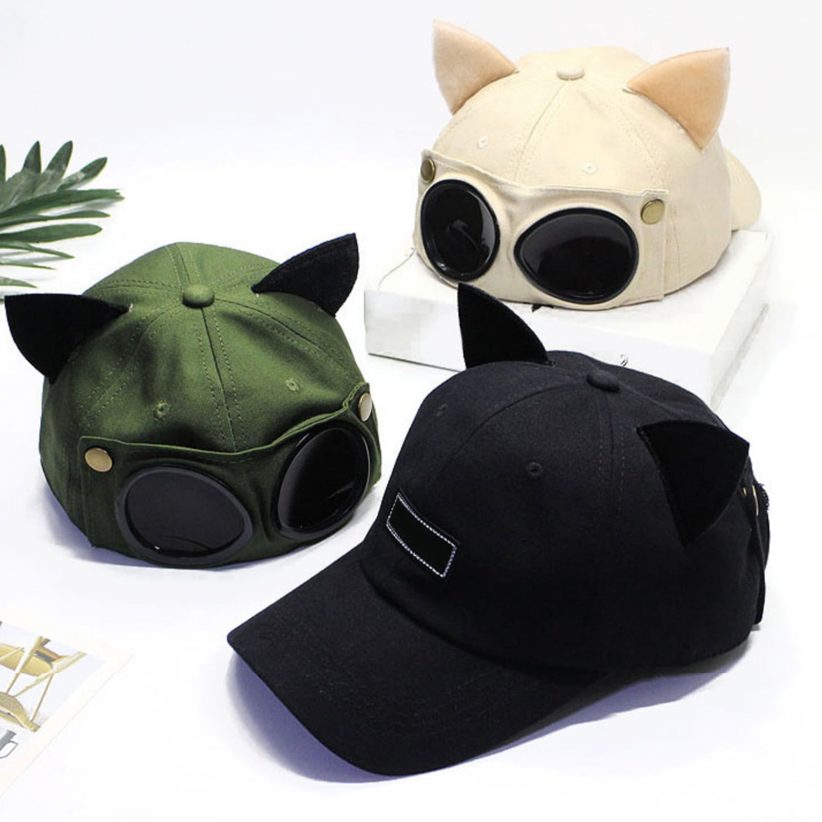 Baseball Cap With Cute Cat Ears Pilot Glasses Men and Women Sun Hat Spring  and Autumn Sunglasses Hat for Student Adult (Removable Lenses) 