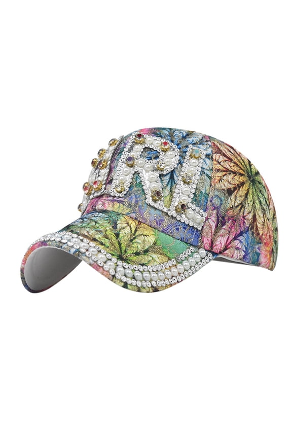 Baseball Cap Women Casual Rhinestone Floral Print Adjustable Sun Visor Hat