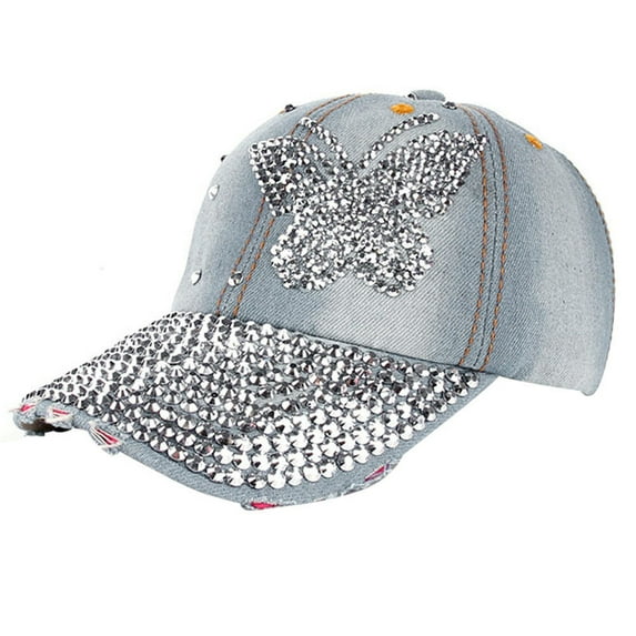 Baseball Cap Women Men Butterfly Denim Rhinestone Snapback Hop Flat Hat Cotton