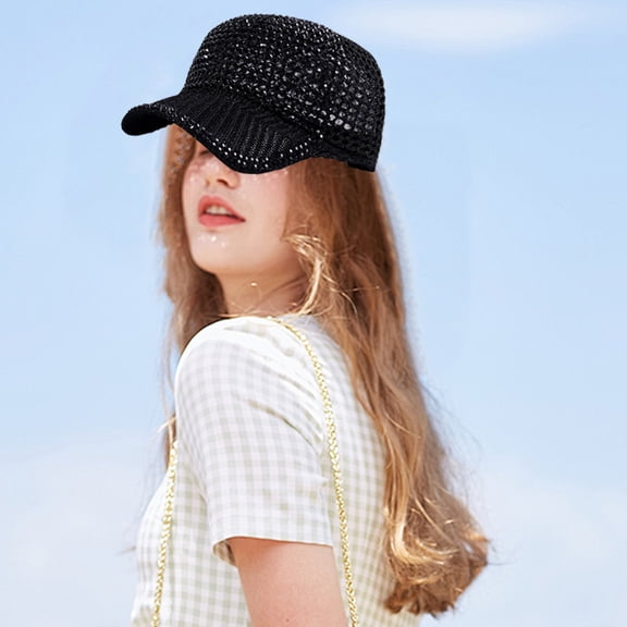 Baseball Cap Women Men Design Studded Rhinestone Crystals Adjustable Ponytail Mesh Casual Sports Hat Breathable Sun Protection Fashion Accessory Black Polyester Material For Outdoor Black
