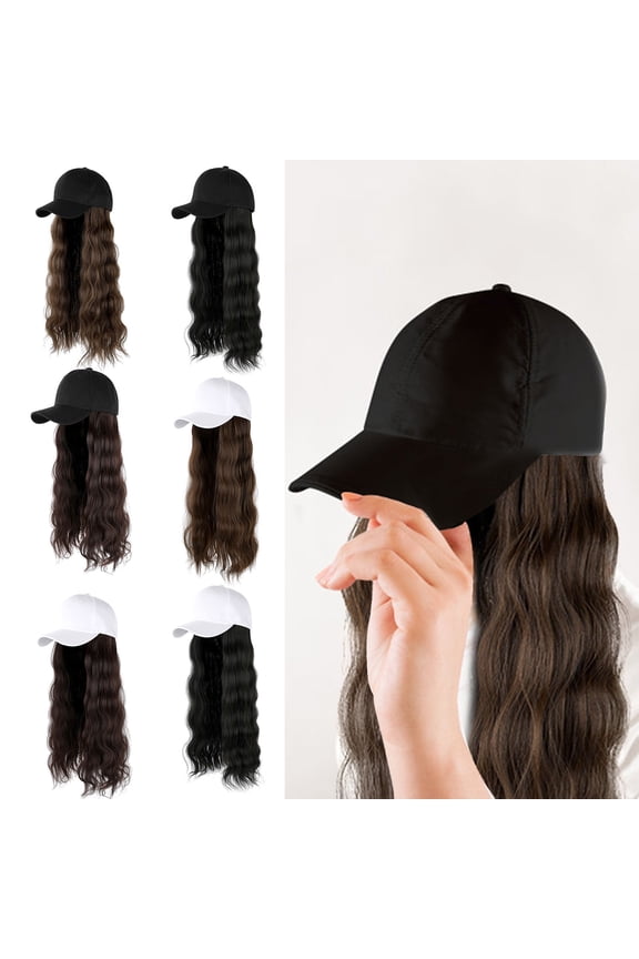 Baseball Cap with Attached Long Hair Curly Hairstyle Wig Adjustable Fit