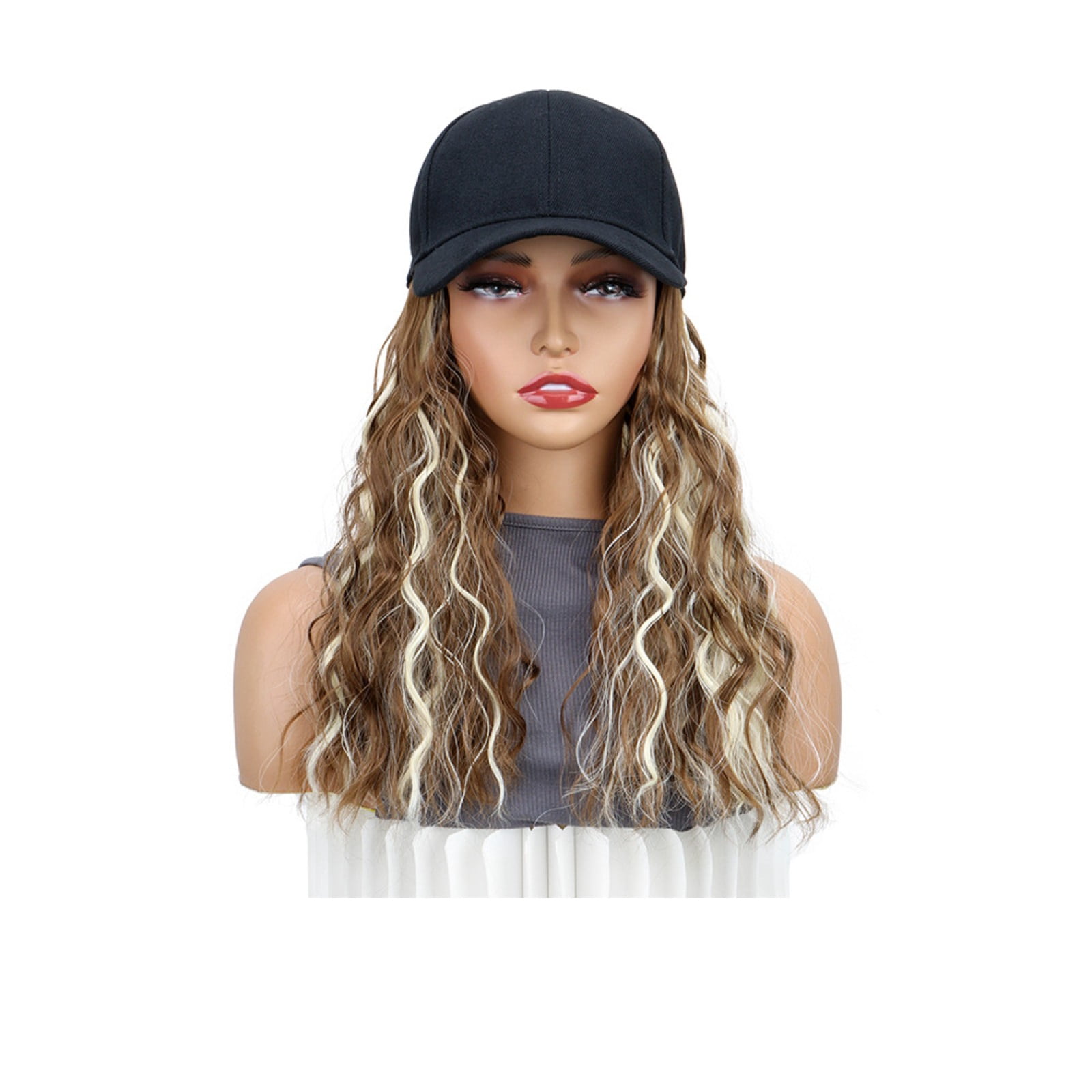 Baseball Cap with Built-in Water Wave Wig, 17 Inch Medium Length ...