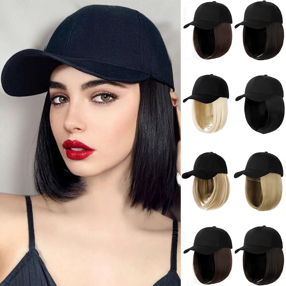 Baseball Cap with Hair Extensions Straight Short Bob Hairstyle