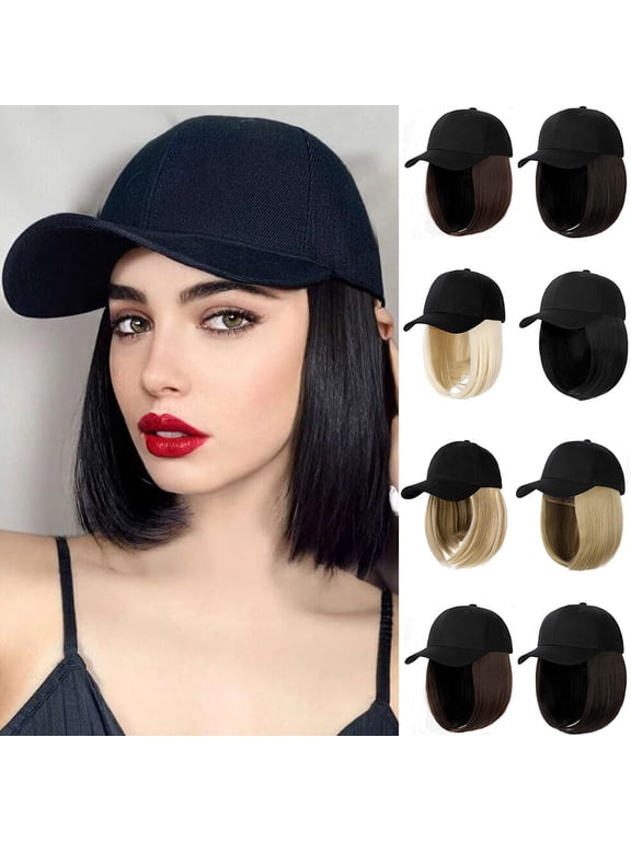Baseball Cap with Hair Extensions Straight Short Bob Hairstyle Adjustable Wig Hat for Woman Girl Daily Wear
