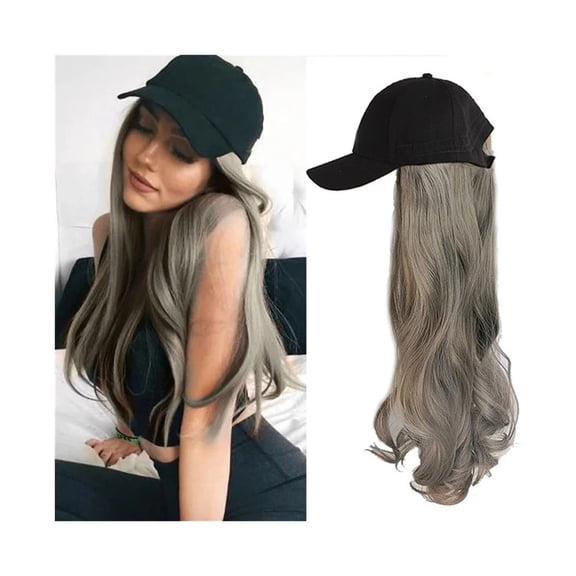 Baseball Cap with Hair extensions Hat Wigs Long Wavy Synthetic Wig