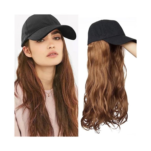 Baseball Cap with Hair extensions Hat Wigs Long Wavy Synthetic Wig