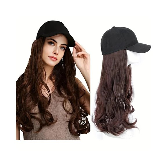 Baseball Cap with Hair extensions Hat Wigs Long Wavy Synthetic Wig