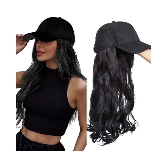 Baseball Cap with Hair extensions Hat Wigs Long Wavy Synthetic Wig