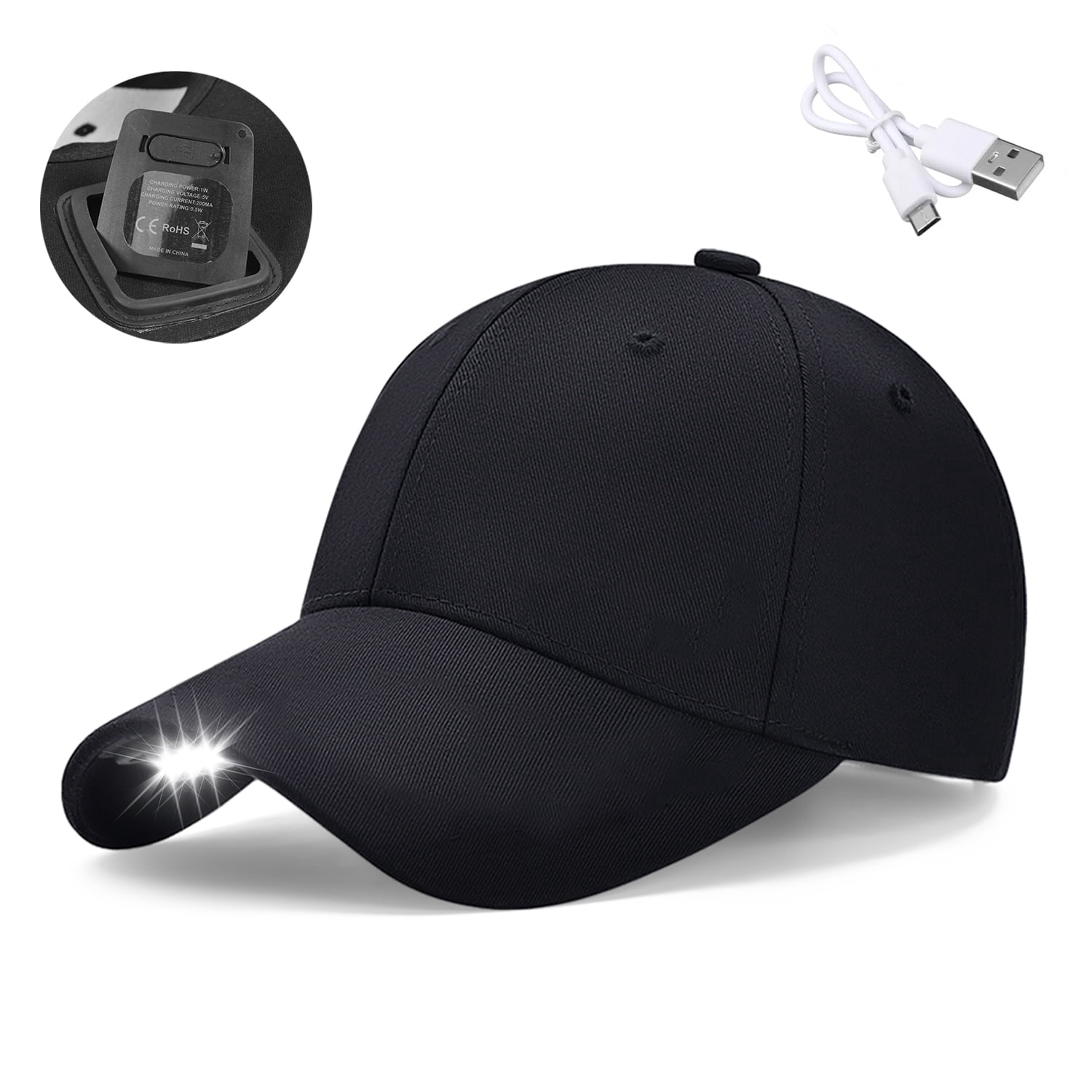 Baseball Cap with LED, Rechargeable Full Cotton Baseball Cap with USB ...