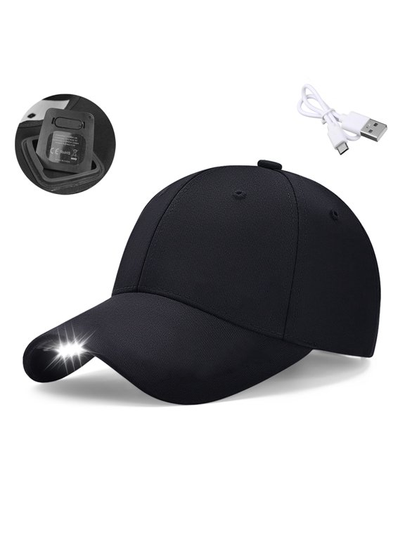 Baseball Cap with LED, Rechargeable Full Cotton Baseball Cap with USB Cable Adjustable Size for Outdoor Camping Night Fishing (Black)
