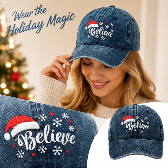 Baseball Caps For Unisex Vintage Washed Soft Crown Christmas Hat Believe Snowflake Santa Embroidery Sun Shading Headwear