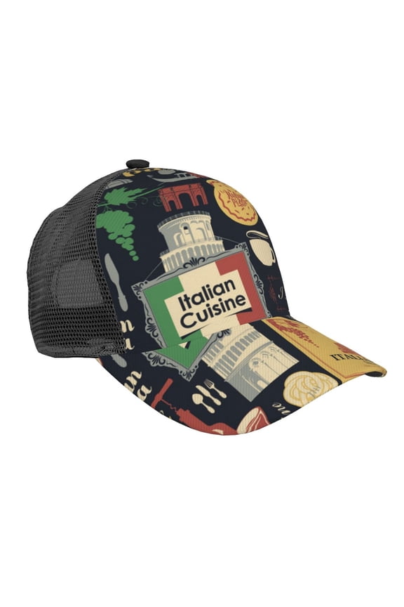 Baseball Caps Mesh Dad Snapback Outdoor Hats for Men Women, Italian Cuisine Pasta Wine Pizza Retro