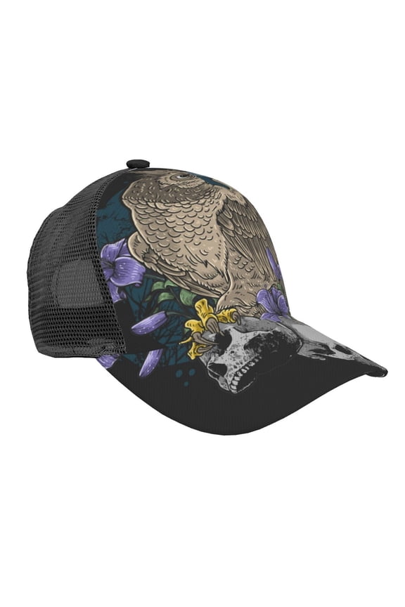 Baseball Caps Mesh Dad Snapback Outdoor Hats for Men Women, Owl Bird Floral With Skull