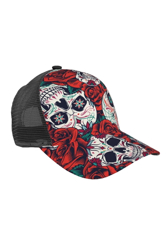 Baseball Caps Mesh Dad Snapback Outdoor Hats for Men Women, Red Rose Skull Skulls Head