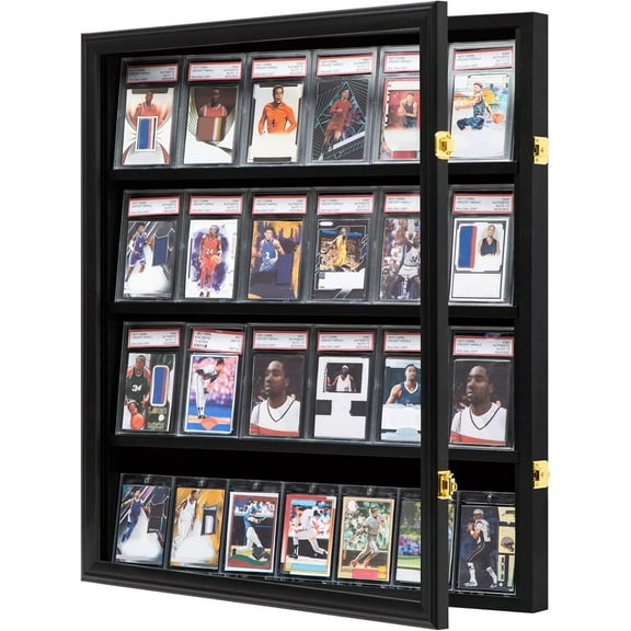 Baseball Card Display Case 24 Graded Sport Card Display Case Wall Mount with Clear View and UV Protection Acrylic Door for Baseball Football Basketball Hockey Trading Card Collection, Black