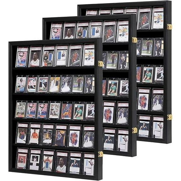 Baseball Card Display Case 3Pack - 35 Graded Sports Card Display Frame - Holds Sport Cards with UV Protection Clear View Lockable Wall Cabinet for Football Basketball Trading Card Vertical