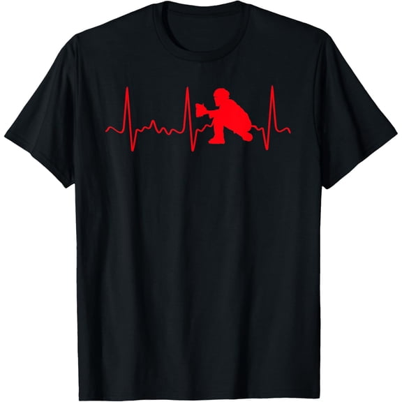 Baseball Catcher Shirt - Red Baseball Catcher Heartbeat T-ShirtMen and women, Black T-shirt, size: Extra large