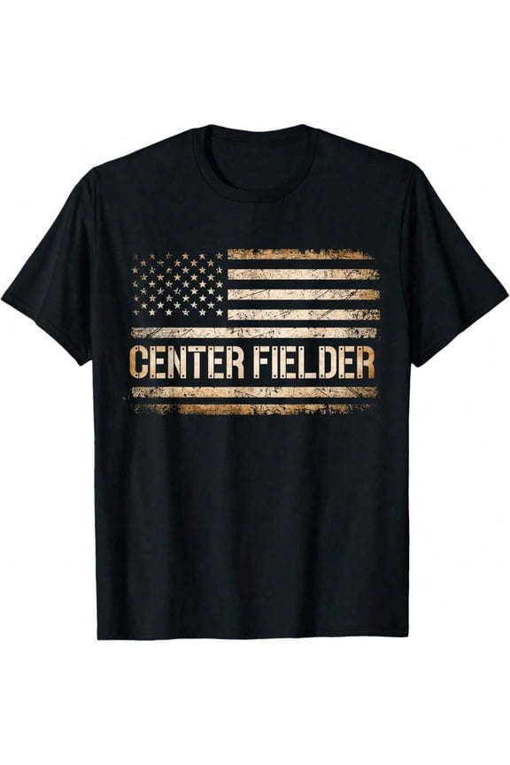 Baseball Center Fielder Retro USA FLAG High School Baseball T-Shirt Gift For Son Unique Gift For Mom, Graphic T Shirts,Vintage T Shirts,100 Percent Cotton T Shirt,Oversize,S-XXXL