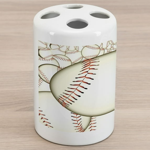 Baseball Ceramic Toothbrush Holder, Pattern of Baseball Balls Background Home Run Rules of the Game Success Score Print, Versatile Countertop for Bathroom, 4.5" X 2.7", Cream Red, by Ambesonne