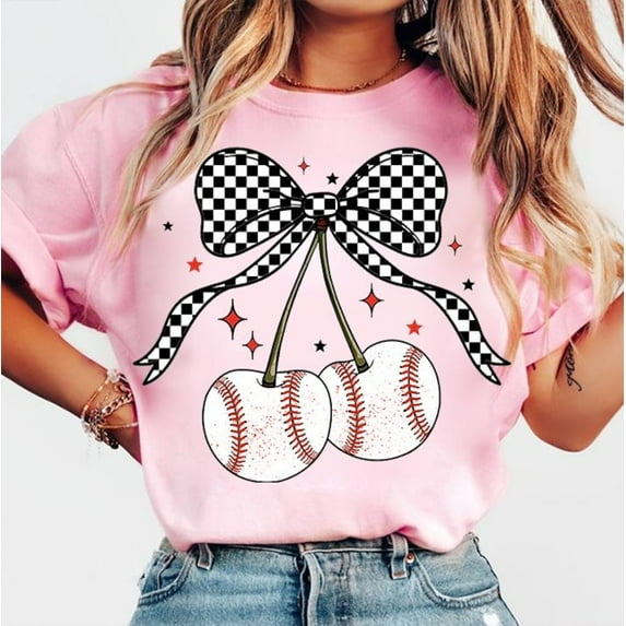 Baseball Cherries T-Shirt, Coquette Baseball Bow Game Day Tee, Checkered Baseball Mom Shirt, Stylish Outfit for Baseball Mama, Game Day Shirt