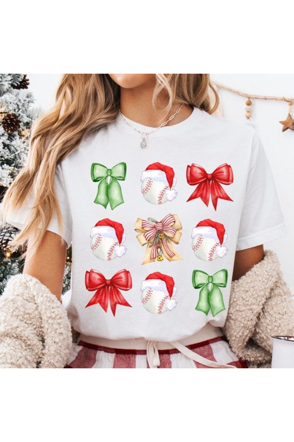 Baseball Christmas Bow TShirt Baseball Santa Hat Shirt Holiday Sports Graphic Tee
