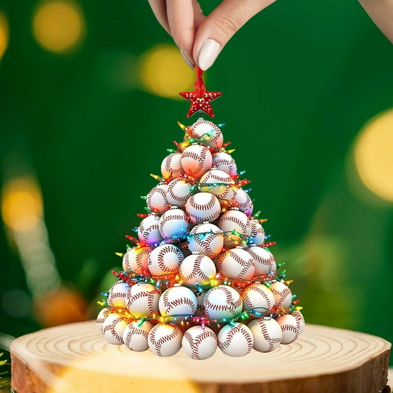 Taicans Baseball Christmas Tree Decorations,Stacked Baseballs with Colorful LED Lights & Red Star Topper,Unique Xmas Tree Ornaments for Sports Lovers,Holiday Decorations for Home,office