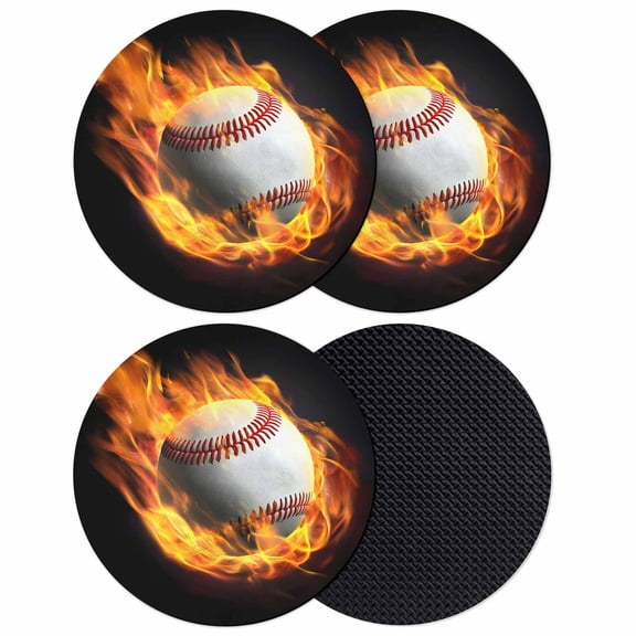 Baseball Coasters Set of 4, Absorbent Coasters for Drinks, Modern Buruning Flame Sport Black Background Coaster for Desk Coffee Table Protection, Home Decor House Warming Gifts 4"