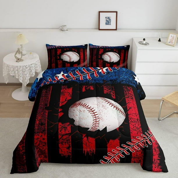 Baseball Comforter King Size Boys Kids Vintage American Flag Bedding Set 3 Pcs Soft Warm Quilts Sports Fans Sports Competition Ball Games Duvet Insert