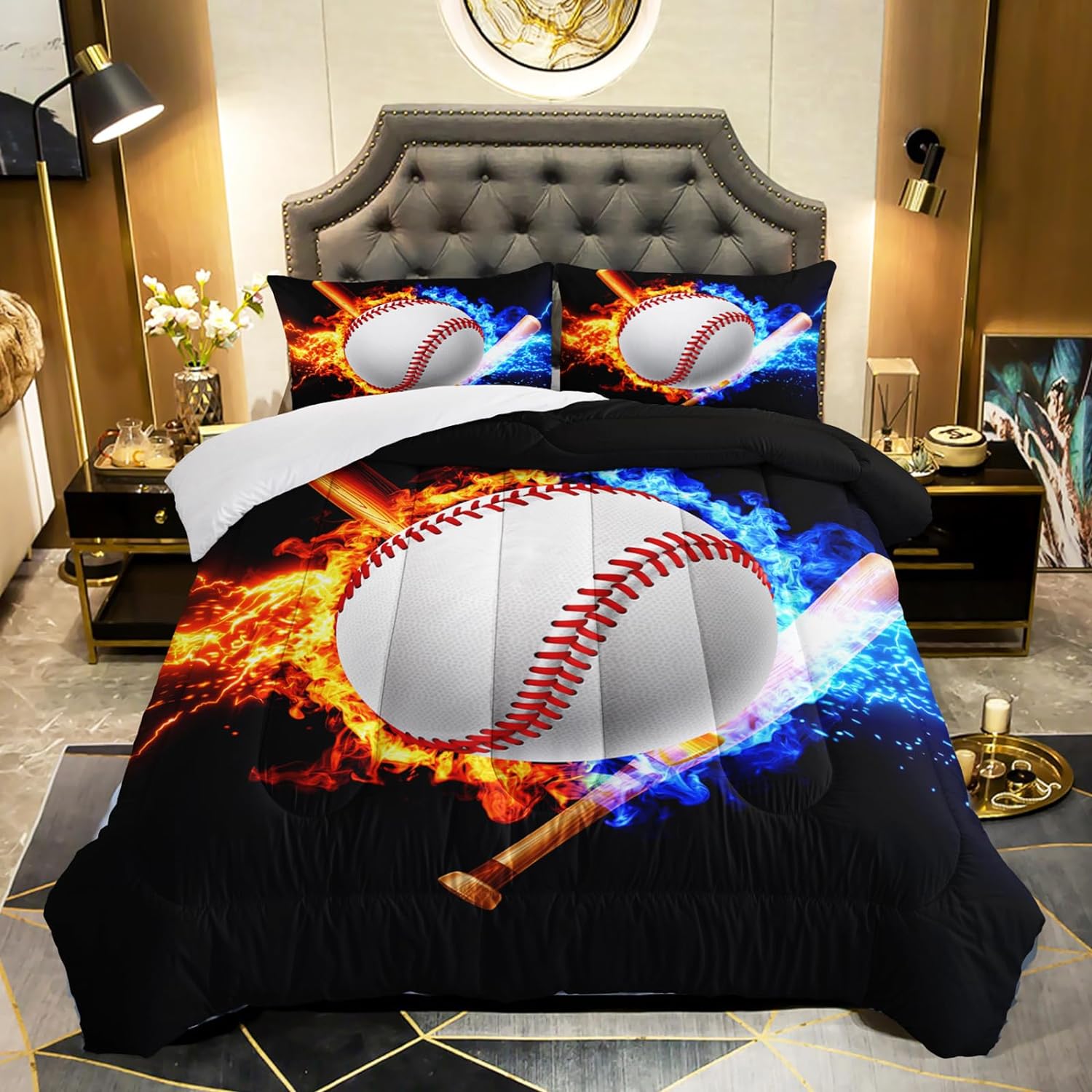Baseball Comforter Queen Size,Fire and Water Kids Comforter Set,3Pcs
