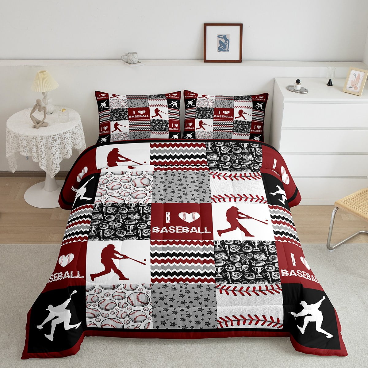 Baseball Comforter Set Full Boys Girls Sports Bedding Set, Red Black