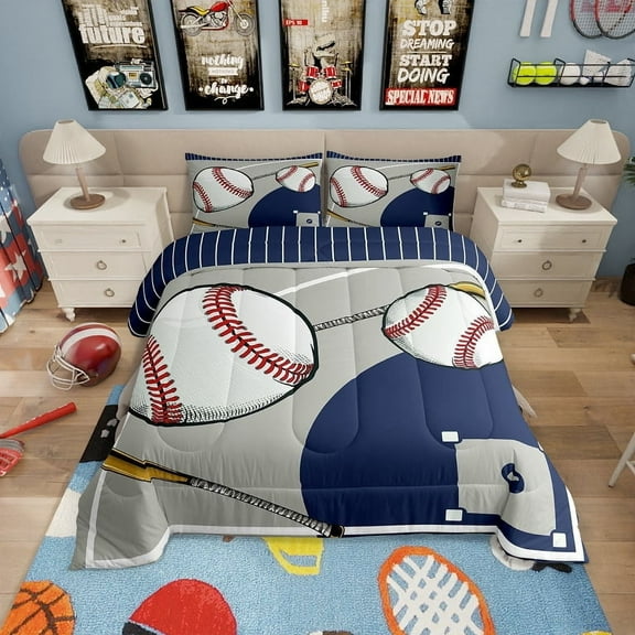 Baseball Comforter Set Full Size Baseball Court Comforter Teens Gaming Sports Bedding Set Breathable Sports Theme Blue Gray Duvet Set Room Decor Quilt Set