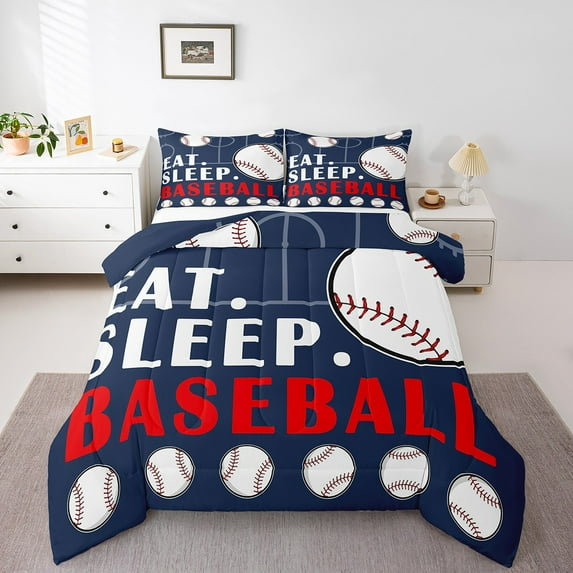 Baseball Comforter Set Sports Bedding Sets Baseball Down Comforter Baseball Ball Games Bed Set Baseball Room Decor Teen Quilt Set 2 Pcs Navy Blue White