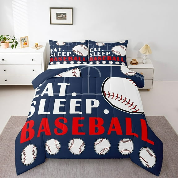 Baseball Comforter Set Twin Sports Bedding Sets Baseball Down Comforter Baseball Ball Games Bed Set Baseball Room Decor Teen Quilt Set 2 Pcs Navy Blue White