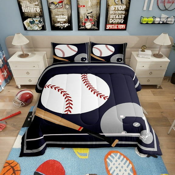 Baseball Comforter Set Full Size Baseball Bedding Set Teens,Sports Themed Down Comforter Dark Blue Ball Gaming Quilt Bed Set Baseball Room Decor with 2 Pillowcases